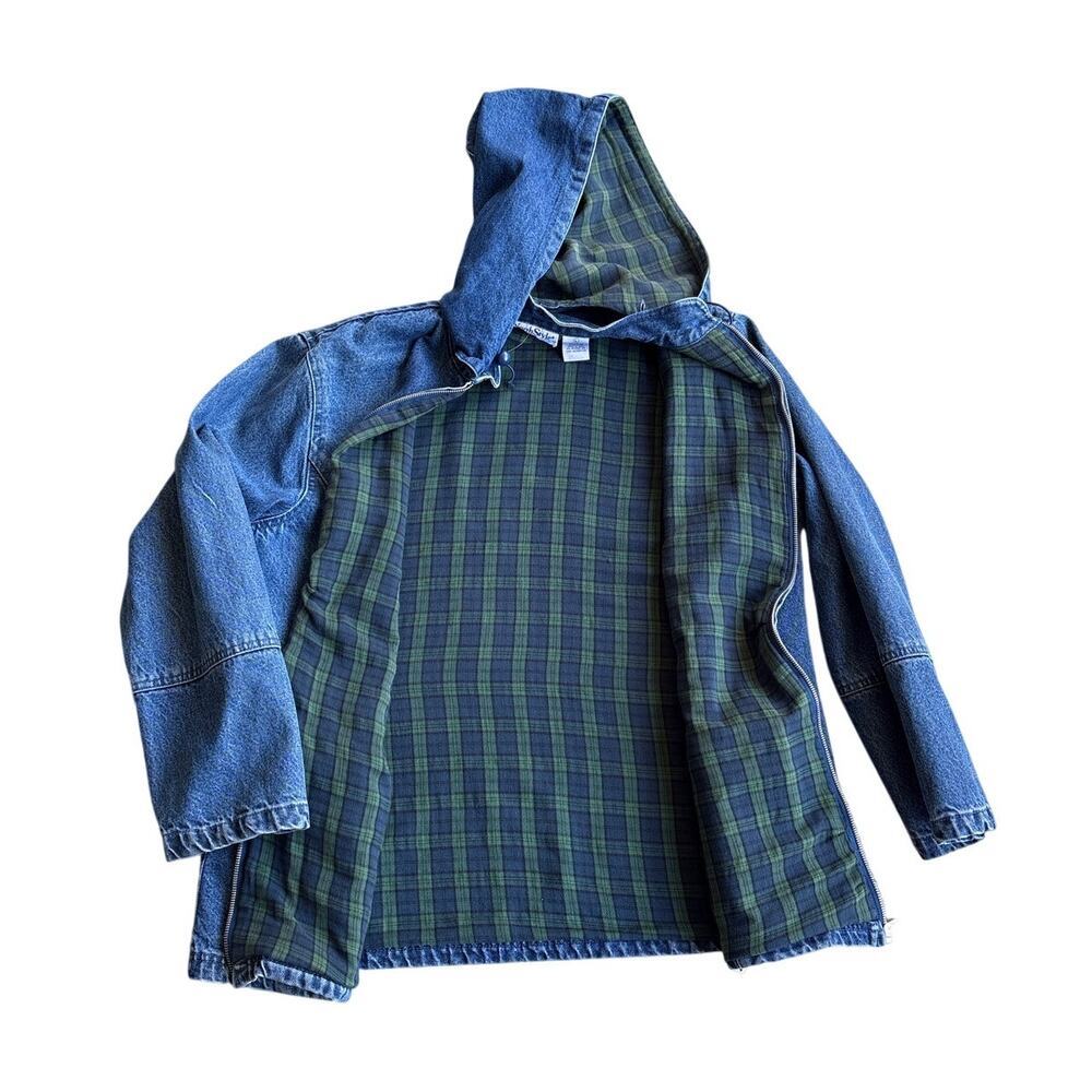Plaid Lined Denim Hooded Barn Jacket Cotton Cabincore Cottagecore - Picture 4 of 5